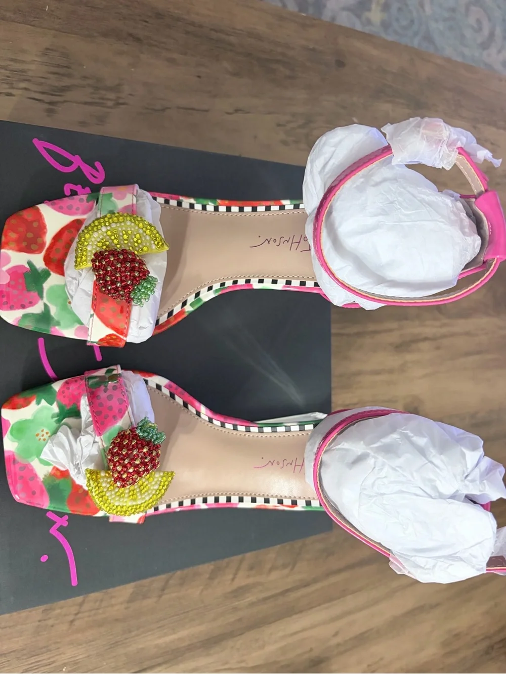 Betsey Johnson Pink Floral Beaded Fruit Ankle-Strap Heels - Picture 6 of 7